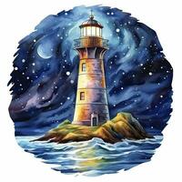 ai généré phare à côté de le mer à nuit. aquarelle pour T-shirt conception. ai généré photo