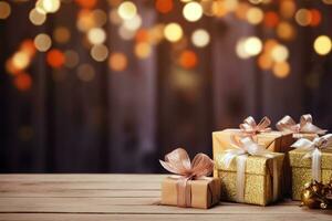 ai généré Noël en bois table maquette avec cadeaux, lumières et bokeh Contexte. de fête modèle bannière avec Créatif babiole décoration et copie espace. photo