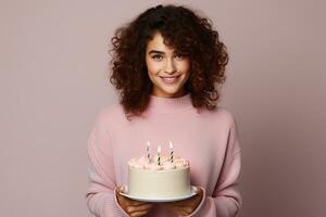 ai généré portrait de une magnifique Jeune femme souriant avec gâteau sur isolé Contexte génératif ai photo