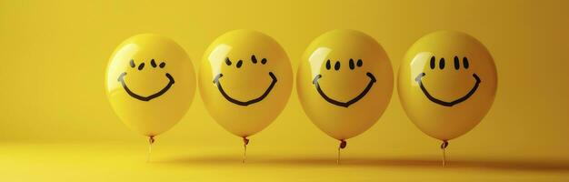 ai généré smiley des ballons séance sur une Jaune Contexte. photo