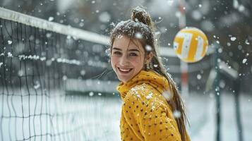 ai généré Université femmes volley-ball joueur sur le hiver neige photo