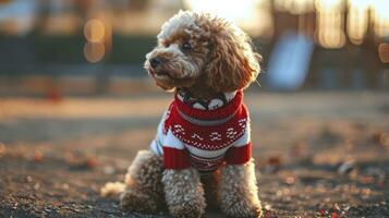 ai généré un adorable sourire marron jouet caniche prise une image dans le école terrain de jeux portant chiot habillé rouge et blanc chandail photo