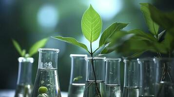 ai généré biotechnologie concept avec vert plante feuilles, laboratoire verrerie, et conduite recherche, illustrant le puissant combinaison de la nature et science dans médical avancées. photo