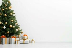 ai généré décoré Noël arbre avec cadeau des boites sur blanc Contexte photo