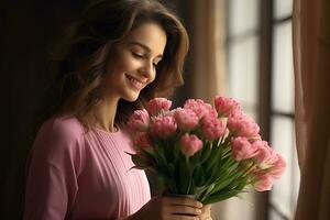 ai généré portrait de une magnifique Jeune femme souriant avec bouquet génératif ai photo