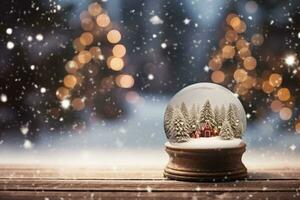ai généré cristal Balle avec une neigeux Noël arbre sapin arbre à l'intérieur chute neige réaliste vacances décoration photo