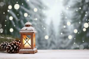 ai généré Noël lanterne avec sapin branche et décoration sur neigeux table défocalisé Contexte photo