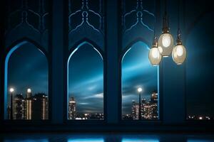 ai généré lune lumière éclat par le fenêtre dans islamique mosquée intérieur photo