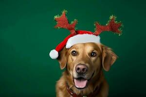 ai généré portrait de une mignonne chiot portant une Noël renne Bandeau photo