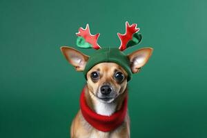 ai généré portrait de une mignonne chiot portant une Noël renne Bandeau photo