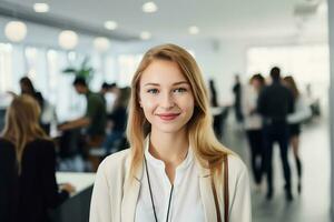 ai généré portrait de réussi et content femme d'affaires, Bureau ouvrier souriant et à la recherche à caméra avec franchi bras, travail à l'intérieur moderne bureau. photo