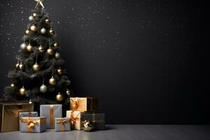 ai généré magnifique fermer de une Noël arbre pendaison ornements sur il avec cadeaux photo