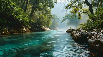 ai généré cristal clair des eaux le long de une isolé jungle rivière photo