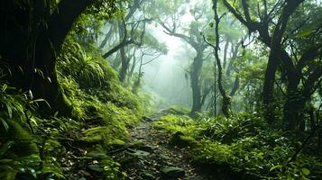 ai généré éthéré lumière filtration par dense jungle canopée photo