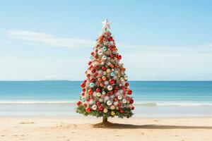 ai généré Noël arbre et cadeaux plus de plage Contexte photo