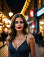 ai généré photo de magnifique femme avec impression Sans manches robe et gros rouge lèvres et bleu yeux à L'Europe  rue, génératif ai