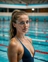 ai généré photo de magnifique femme comme une nageur athlète avec nager costume à nager piscine, génératif ai