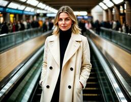 ai généré photo de magnifique femme avec hiver manteau permanent dans de face de escalier mécanique, génératif ai