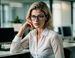 ai généré photo de magnifique femme avec blond cheveux et blanc chemise Haut et des lunettes comme une Bureau secrétaire permanent à le bureau, génératif ai