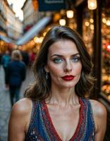 ai généré photo de magnifique femme avec impression Sans manches robe et gros rouge lèvres et bleu yeux à L'Europe  rue, génératif ai