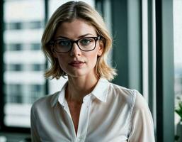 ai généré photo de magnifique femme avec blond cheveux et blanc chemise Haut et des lunettes comme une Bureau secrétaire permanent à le bureau, génératif ai