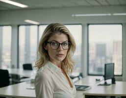 ai généré photo de magnifique femme avec blond cheveux et blanc chemise Haut et des lunettes comme une Bureau secrétaire permanent à le bureau, génératif ai