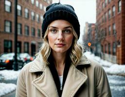 ai généré photo de magnifique femme avec hiver manteau permanent dans de face de bâtiment dans hiver saison, génératif ai