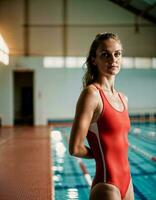 ai généré photo de magnifique femme comme une nageur athlète avec nager costume à nager piscine, génératif ai