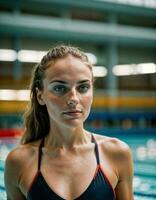ai généré photo de magnifique femme comme une nageur athlète avec nager costume à nager piscine, génératif ai