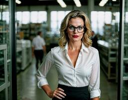 ai généré photo de magnifique femme avec blond cheveux et blanc chemise Haut et des lunettes comme une Bureau secrétaire permanent à le bureau, génératif ai