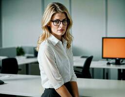 ai généré photo de magnifique femme avec blond cheveux et blanc chemise Haut et des lunettes comme une Bureau secrétaire permanent à le bureau, génératif ai