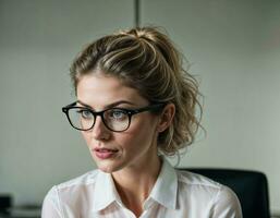 ai généré photo de magnifique femme avec blond cheveux et blanc chemise Haut et des lunettes comme une Bureau secrétaire permanent à le bureau, génératif ai