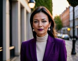 ai généré photo de magnifique femme avec noir col roulé et audacieux violet costume et violet pantalon permanent à rue dans le matin, génératif ai