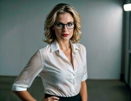 ai généré photo de magnifique femme avec blond cheveux et blanc chemise Haut et des lunettes comme une Bureau secrétaire permanent à le bureau, génératif ai