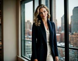 ai généré photo de magnifique femme avec marine manteau et écharpe permanent à balcon résidence vivant chambre, génératif ai