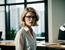 ai généré photo de magnifique femme avec blond cheveux et blanc chemise Haut et des lunettes comme une Bureau secrétaire permanent à le bureau, génératif ai