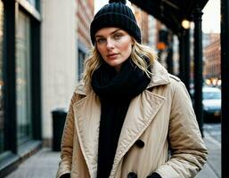 ai généré photo de magnifique femme avec hiver manteau permanent dans de face de bâtiment dans hiver saison, génératif ai