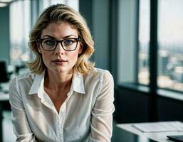 ai généré photo de magnifique femme avec blond cheveux et blanc chemise Haut et des lunettes comme une Bureau secrétaire permanent à le bureau, génératif ai