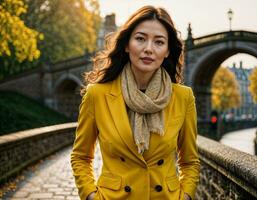 ai généré photo de magnifique asiatique femme avec Jaune costume et écharpe permanent à rue et pont dans le matin, génératif ai