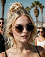 ai généré photo de magnifique femme avec des lunettes de soleil et blond cheveux à le sable plage ville rue, génératif ai