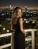 ai généré photo de magnifique femme permanent à balcon avec ville bâtiment dans Contexte à nuit, génératif ai