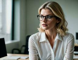 ai généré photo de magnifique femme avec blond cheveux et blanc chemise Haut et des lunettes comme une Bureau secrétaire permanent à le bureau, génératif ai