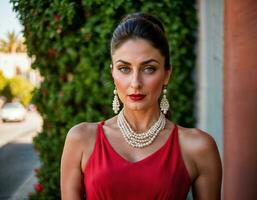 ai généré photo de magnifique Indien femme avec rouge Sans manches costume et perle Collier permanent à le chaussée ville, génératif ai