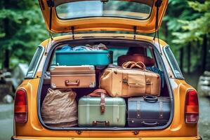 ai généré périple essentiel - emballé les valises dans le ouvert tronc de une voiture photo