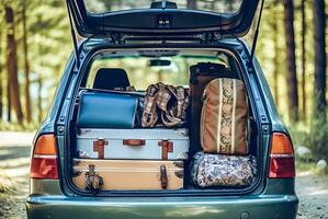 ai généré sur le route encore - Voyage ambiance avec emballé les valises et Sacs photo