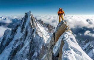 ai généré hiver ascension Succès - grimpeur triomphes sur neigeux hauteurs photo