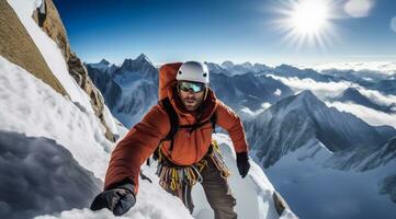 ai généré hiver ascension - grimpeur triomphe dans alpin beauté photo