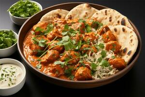 ai généré délicieux beurre poulet curry dans une de haut en bas voir, présenté dans une balti plat avec coriandre garnir, isolé sur une blanc Contexte une tentant une addition à tout international menu photo