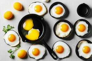 ai généré brouillé des œufs avec entier Jaune Jaune d'œuf de poulet des œufs sur une antiadhésif friture la poêle et dans assiettes sur le tableau. petit déjeuner. photo