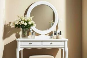 ai généré boudoir aux femmes blanc table pour maquillage et coiffure avec une bouquet de fleurs et une miroir sur le Contexte de une beige mur. classique style de meubles pour une femme chambre à coucher. photo